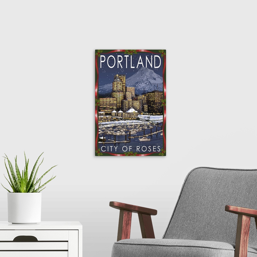 A modern room featuring Portland, Oregon - Skyline at Night - Christmas Version: Retro Travel Poster