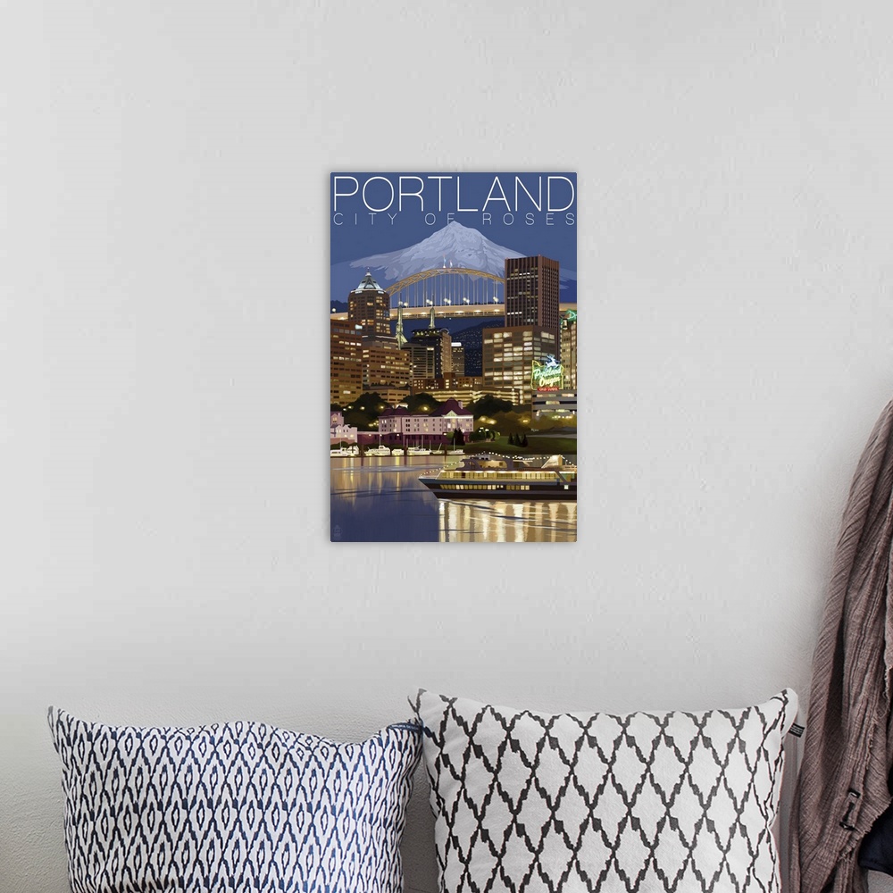 A bohemian room featuring Retro stylized art poster of a city skyline lit up at night. With a mountain in the background.