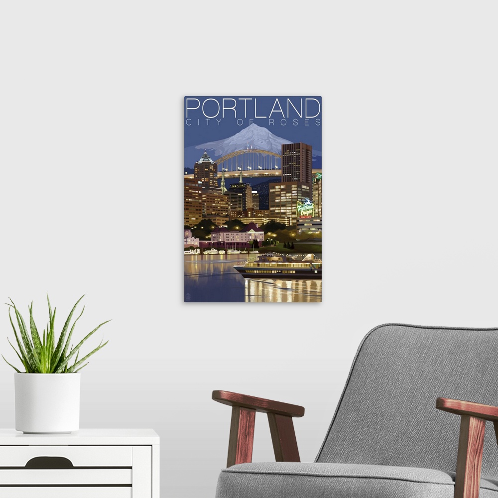 A modern room featuring Retro stylized art poster of a city skyline lit up at night. With a mountain in the background.