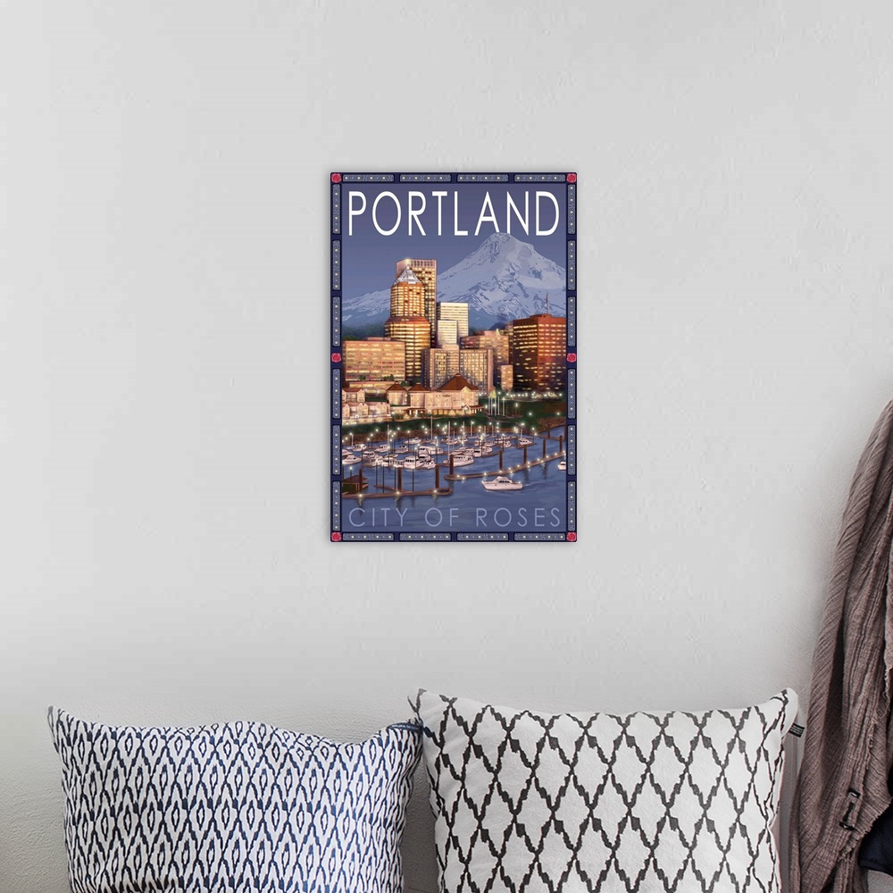 A bohemian room featuring Portland, Oregon - Skyline at Night: Retro Travel Poster