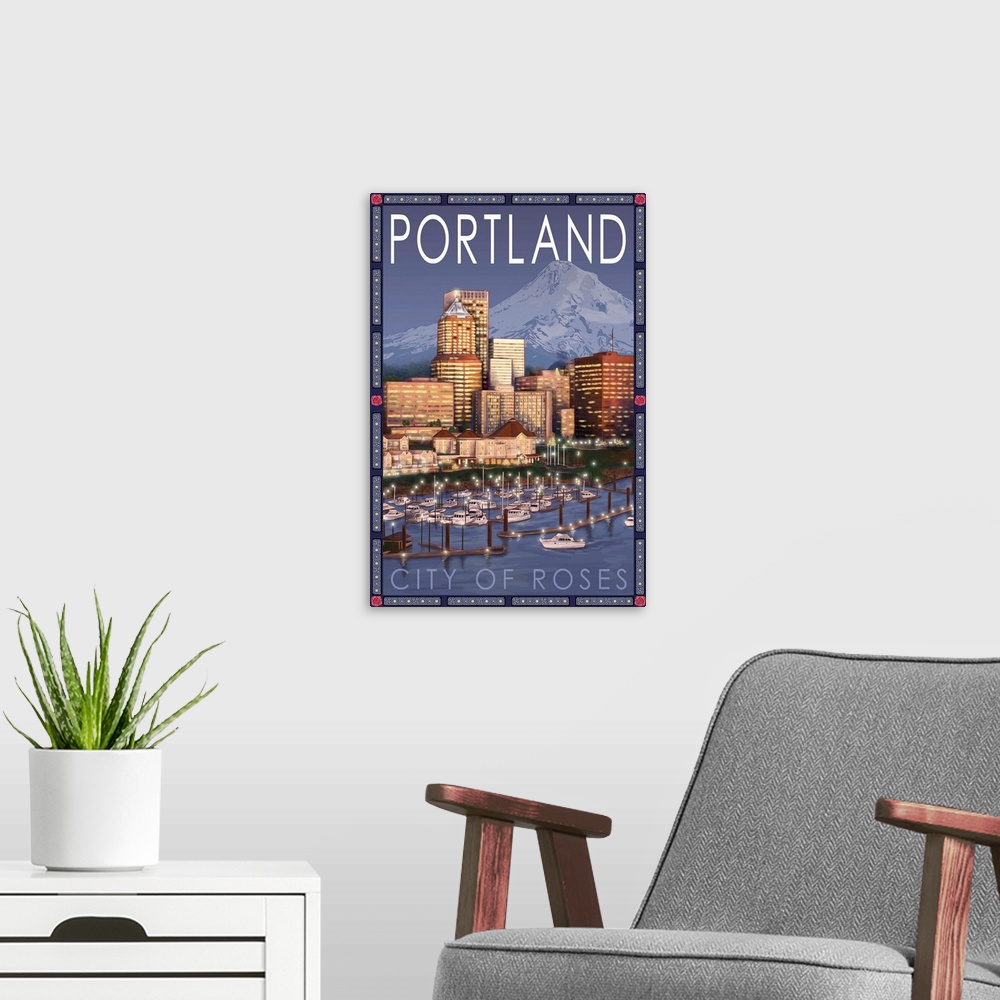 A modern room featuring Portland, Oregon - Skyline at Night: Retro Travel Poster