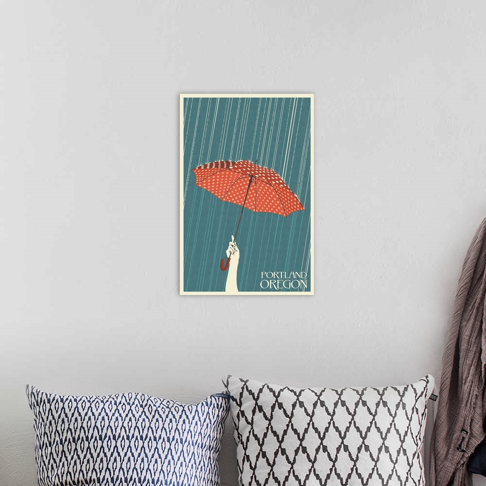 A bohemian room featuring Portland, Oregon - Umbrella - Letterpress: Retro Travel Poster