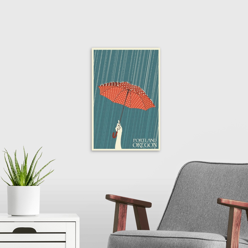 A modern room featuring Portland, Oregon - Umbrella - Letterpress: Retro Travel Poster