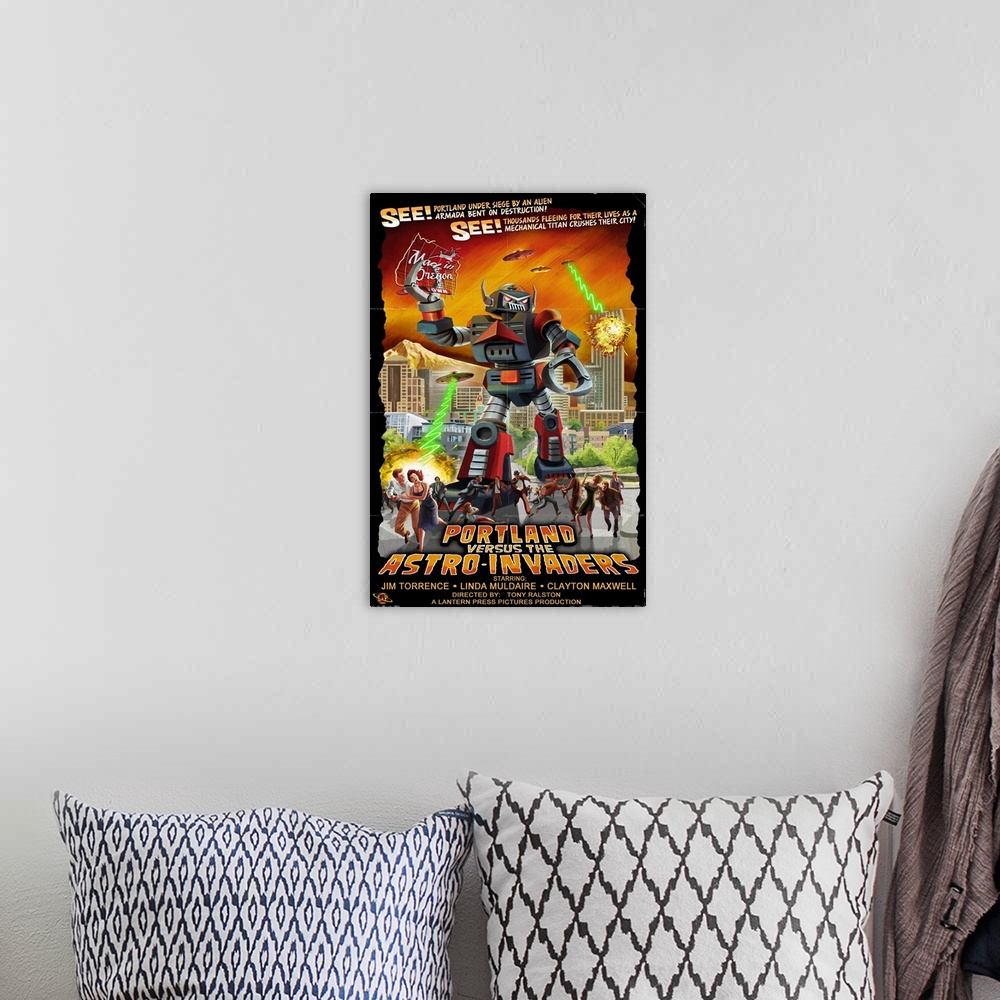 A bohemian room featuring Portland, Oregon Versus the Astro-Invaders: Retro Travel Poster