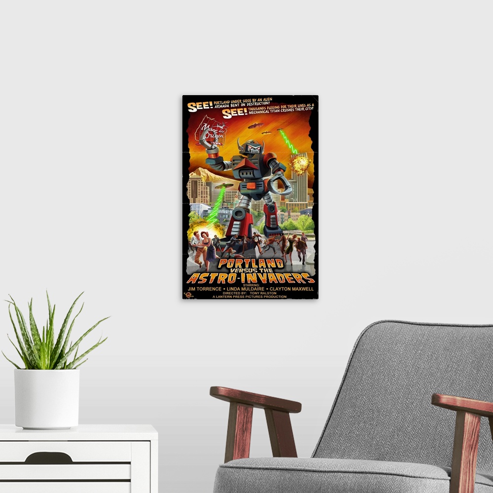 A modern room featuring Portland, Oregon Versus the Astro-Invaders: Retro Travel Poster