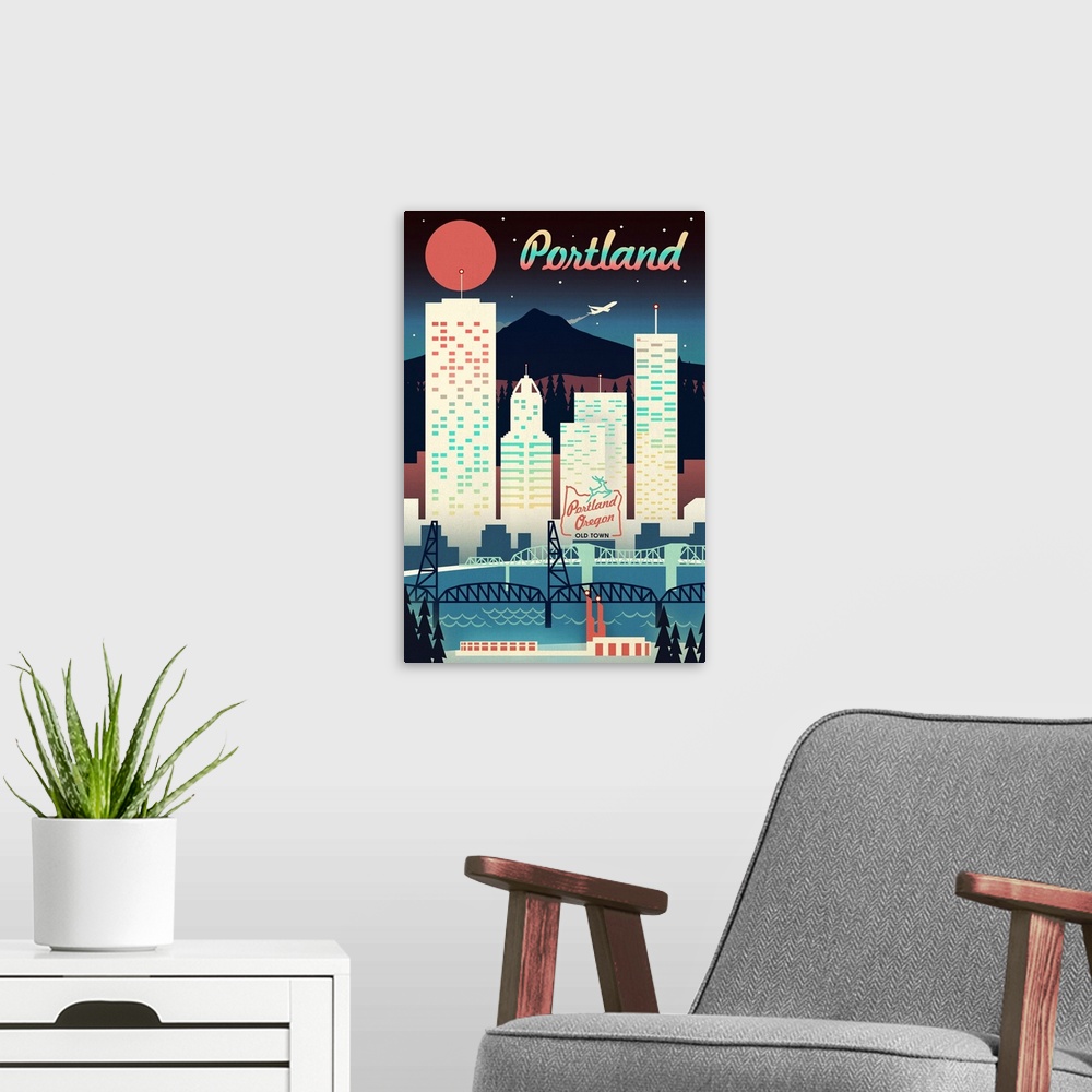 A modern room featuring Portland - Retro Skyline Chromatic Series