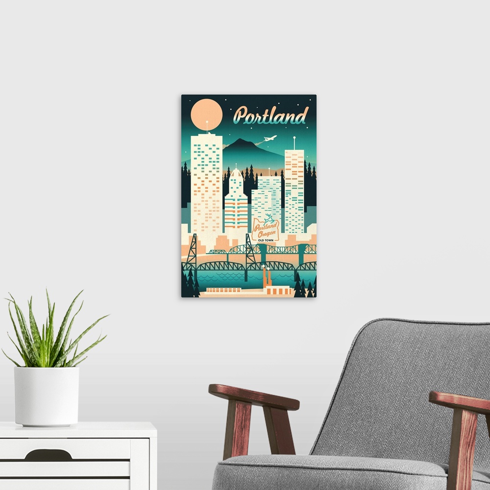 A modern room featuring Portland - Retro Skyline Chromatic Series - Turquoise