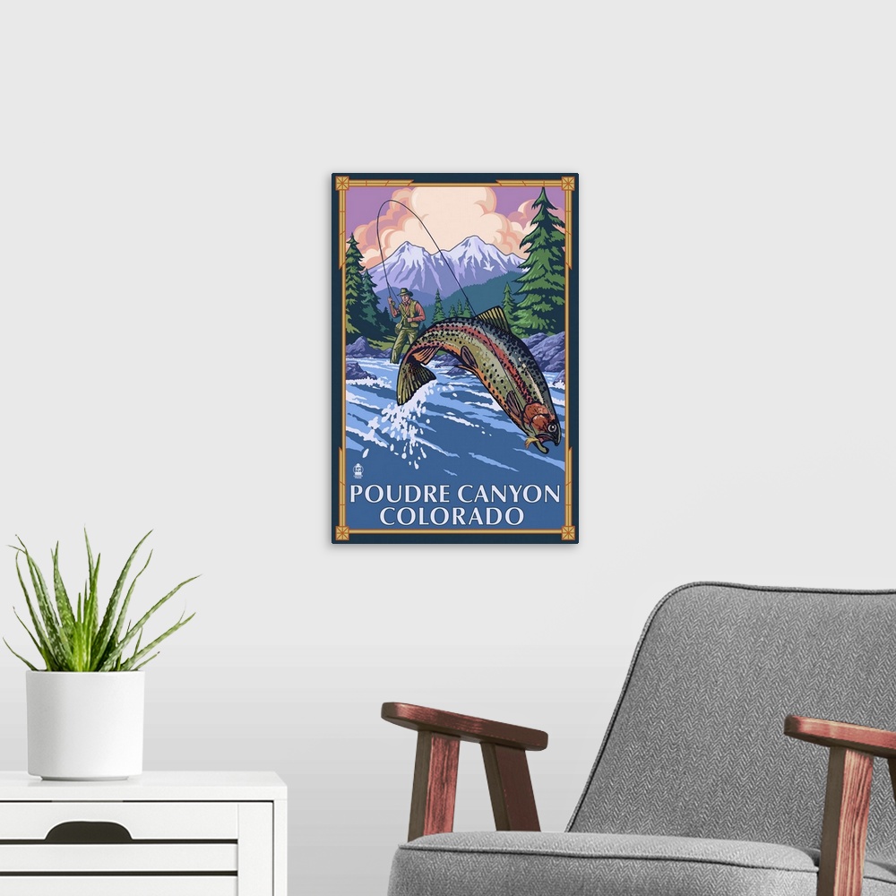 A modern room featuring Poudre Canyon, Colorado - Fisherman: Retro Travel Poster