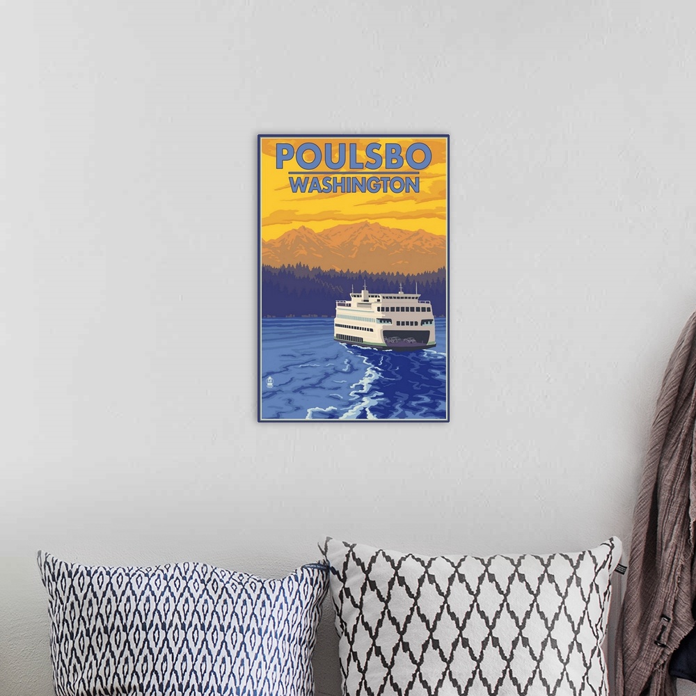 A bohemian room featuring Poulsbo, Washington - Ferry and Sunset: Retro Travel Poster
