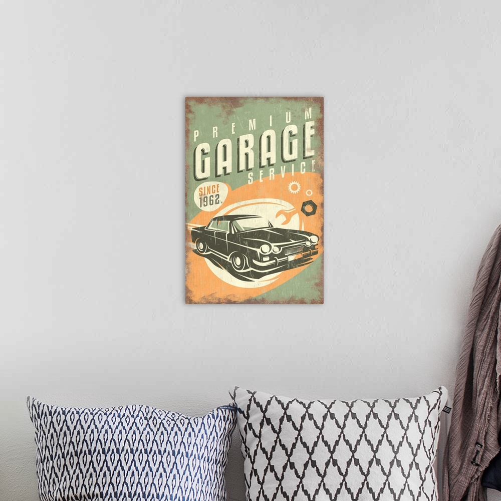 A bohemian room featuring Premium Garage Service, Vintage Sign
