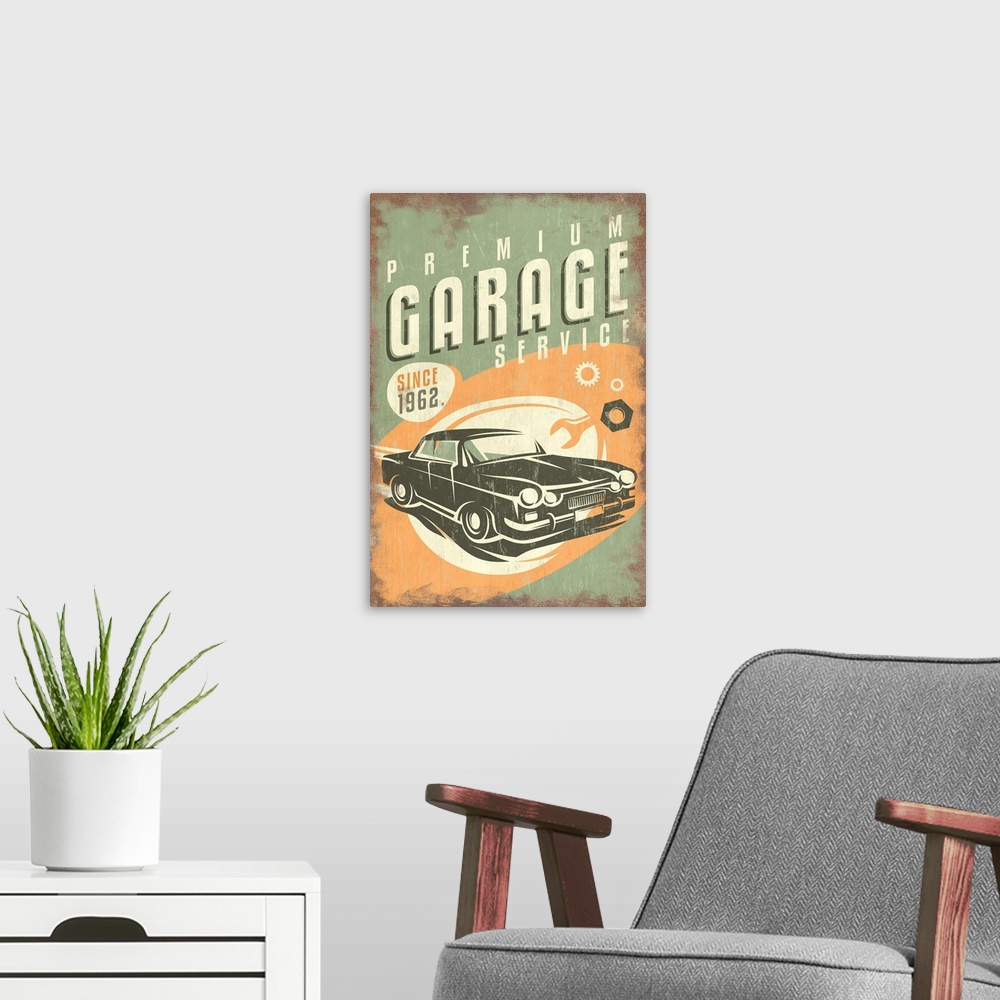 A modern room featuring Premium Garage Service, Vintage Sign