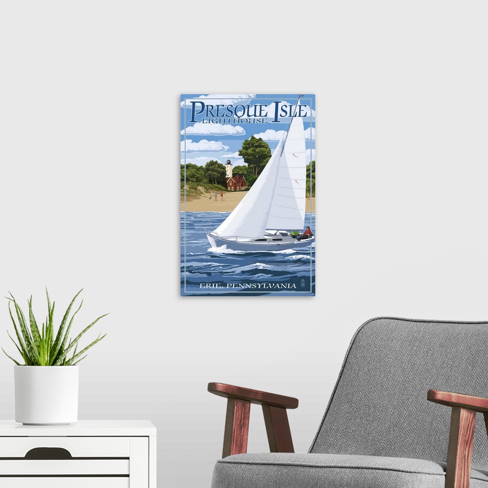A modern room featuring Retro stylized art poster of a sailboat near the shore, with a lighthouse in the background.