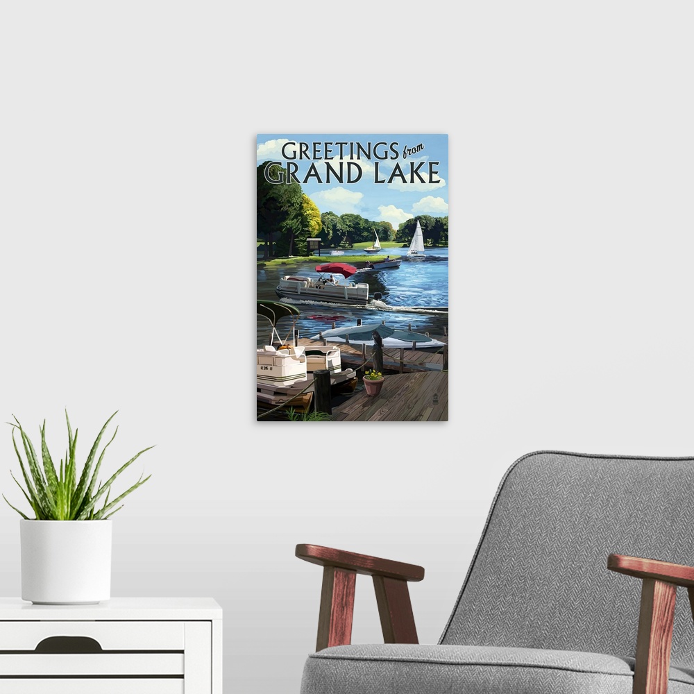 A modern room featuring Presque Isle, Michigan, Greetings from Grand Lake
