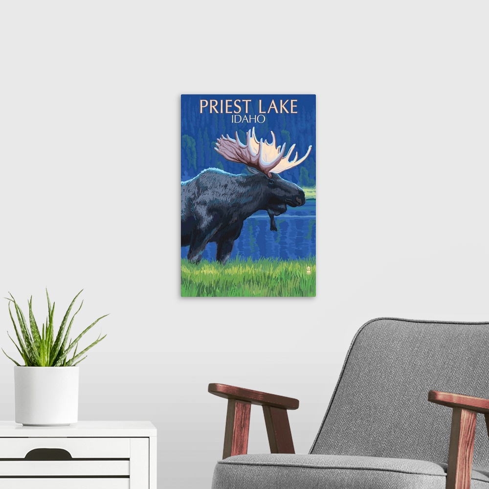 A modern room featuring Priest Lake, Idaho - Moose at Night -  : Retro Travel Poster