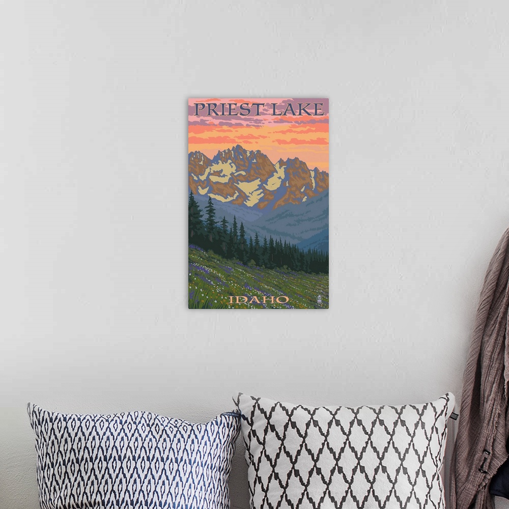 A bohemian room featuring Priest Lake, Idaho - Spring Flowers -  : Retro Travel Poster