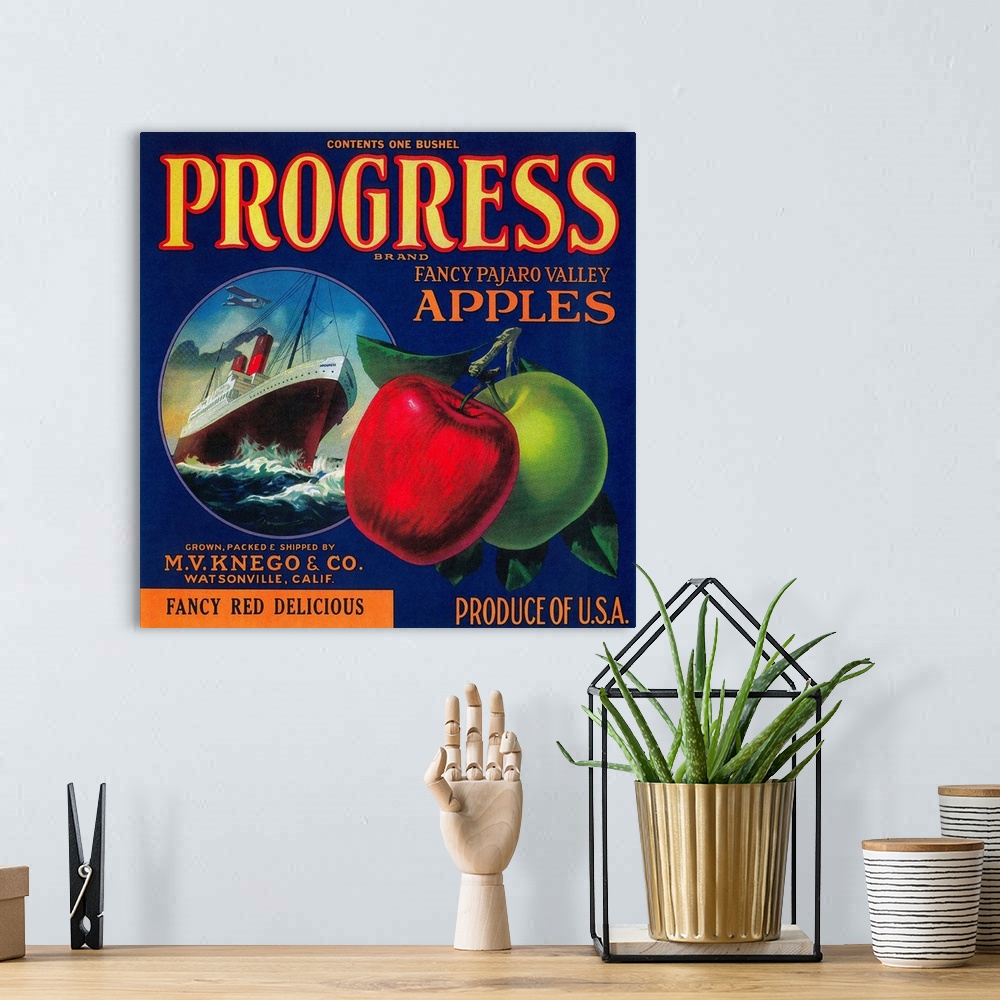 A bohemian room featuring Progress Apple Crate Label, Watsonville, CA