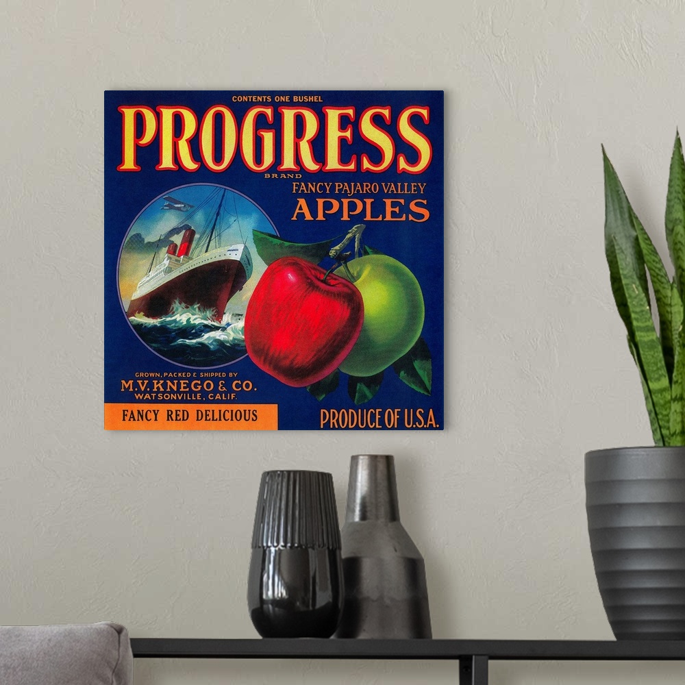 A modern room featuring Progress Apple Crate Label, Watsonville, CA