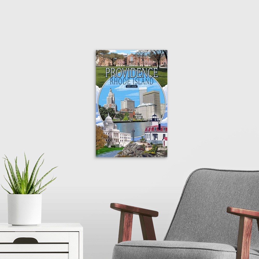 A modern room featuring Providence, Rhode Island - Montage Scenes: Retro Travel Poster