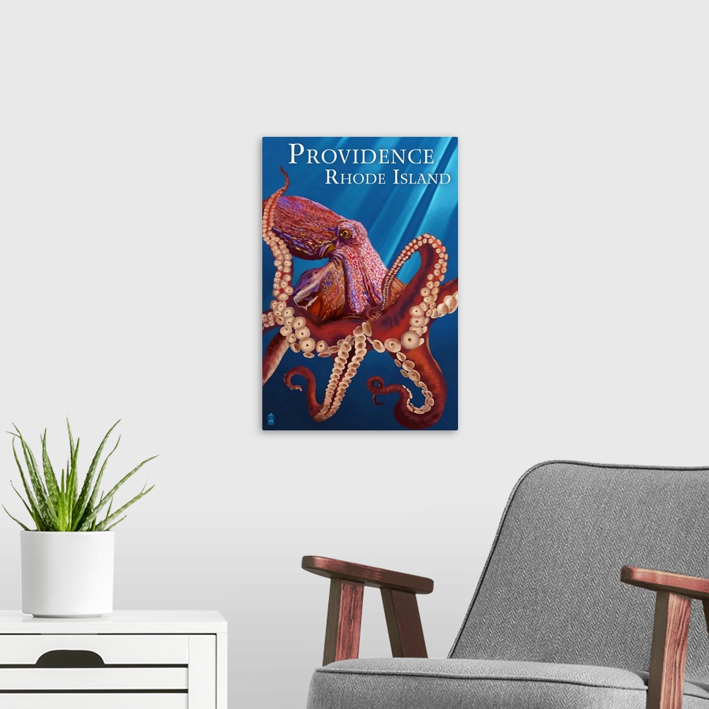 A modern room featuring Providence, RI - Red Octopus: Retro Travel Poster