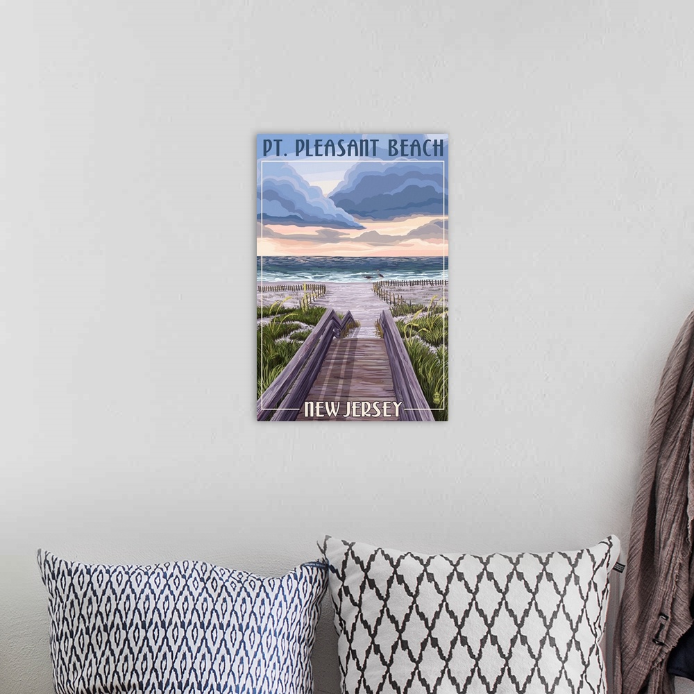 A bohemian room featuring Pt. Pleasant Beach, New Jersey - Beach Boardwalk Scene: Retro Travel Poster
