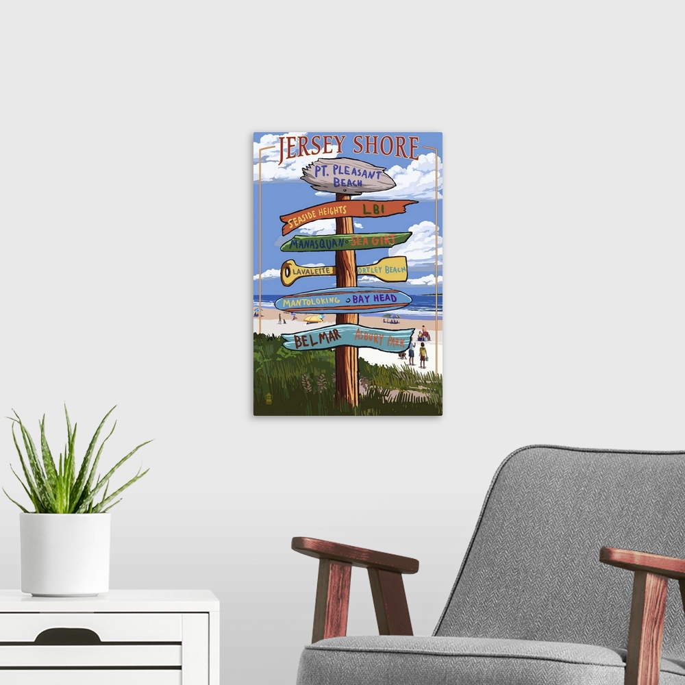 A modern room featuring Pt. Pleasant Beach, New Jersey - Destinations Signpost: Retro Travel Poster