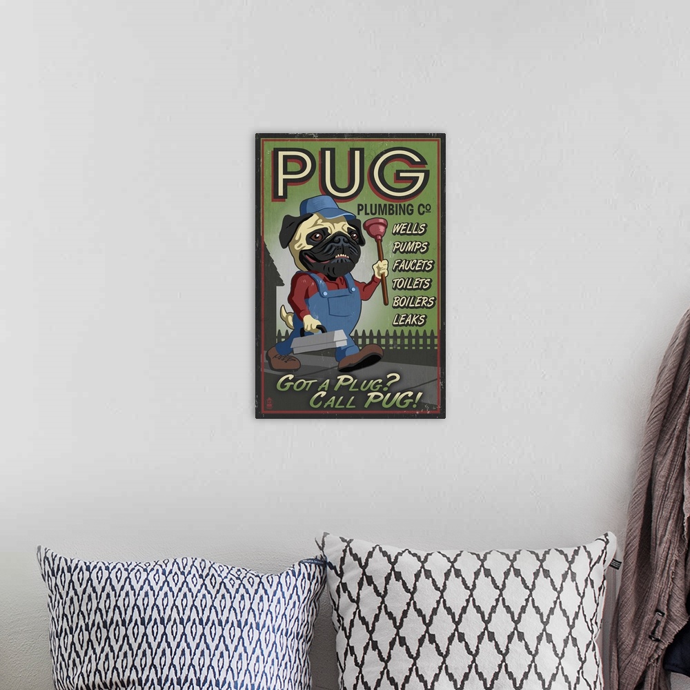 A bohemian room featuring Pug, Retro Plumbing Ad