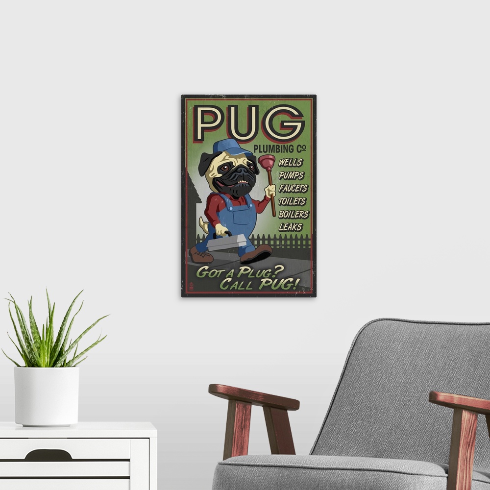 A modern room featuring Pug, Retro Plumbing Ad
