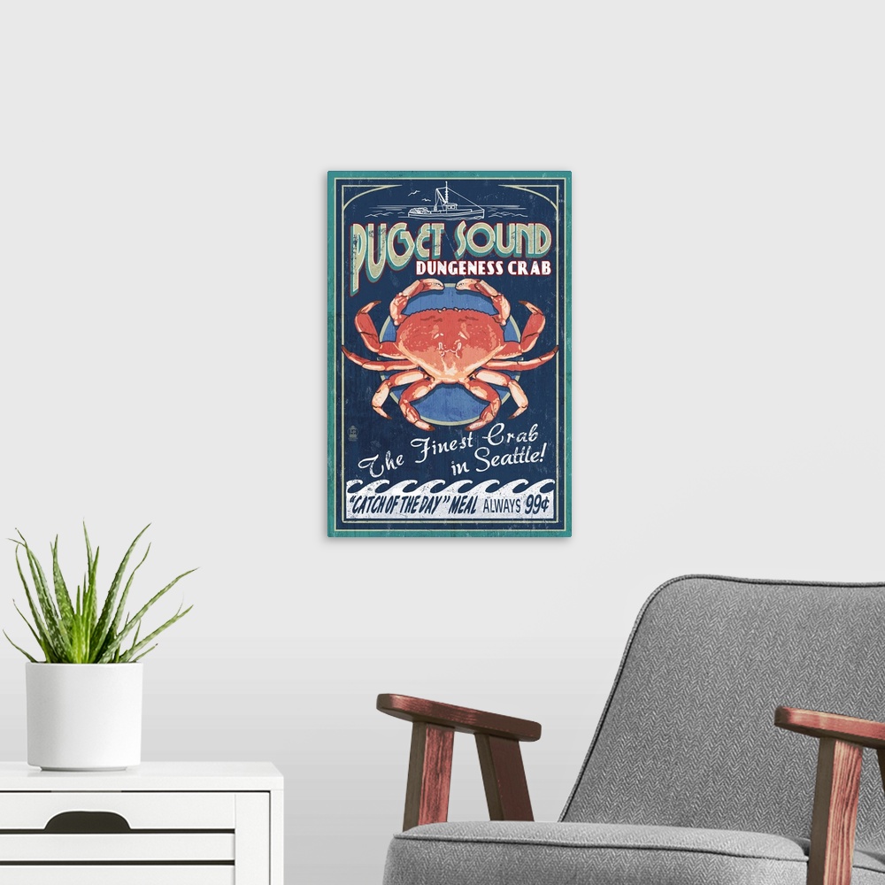 A modern room featuring Retro stylized art poster of a vintage seafood market sign displaying a king crab.