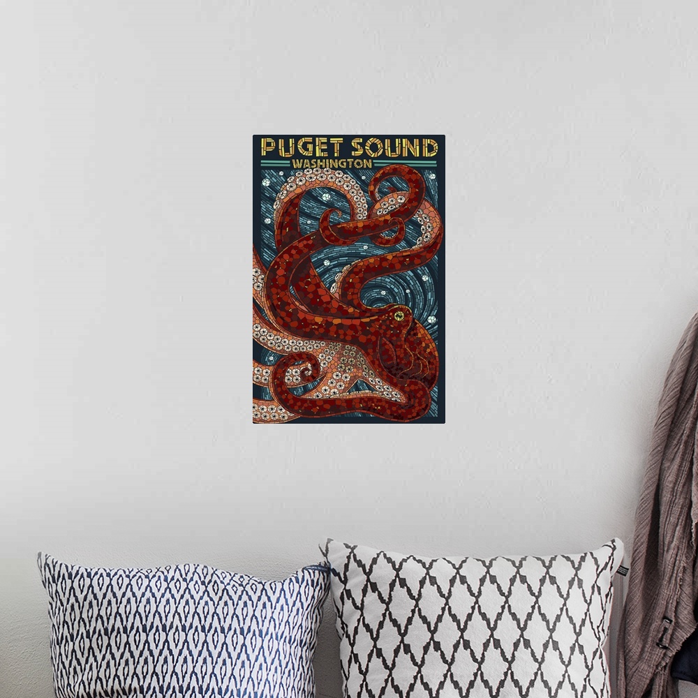 A bohemian room featuring Puget Sound, Washington - Octopus Mosaic: Retro Travel Poster