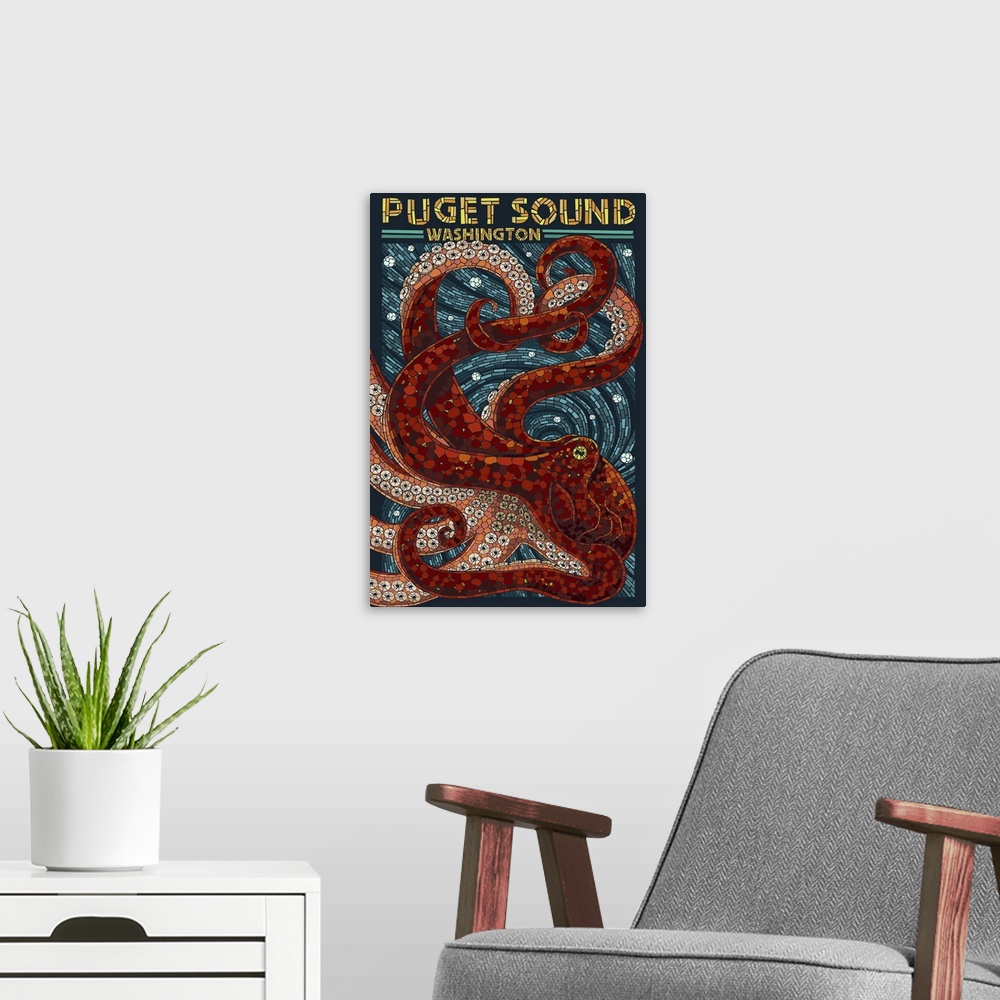 A modern room featuring Puget Sound, Washington - Octopus Mosaic: Retro Travel Poster
