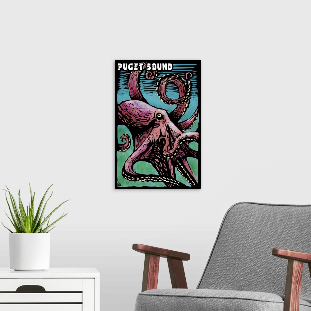 A modern room featuring Puget Sound, Washington, Octopus, Scratchboard