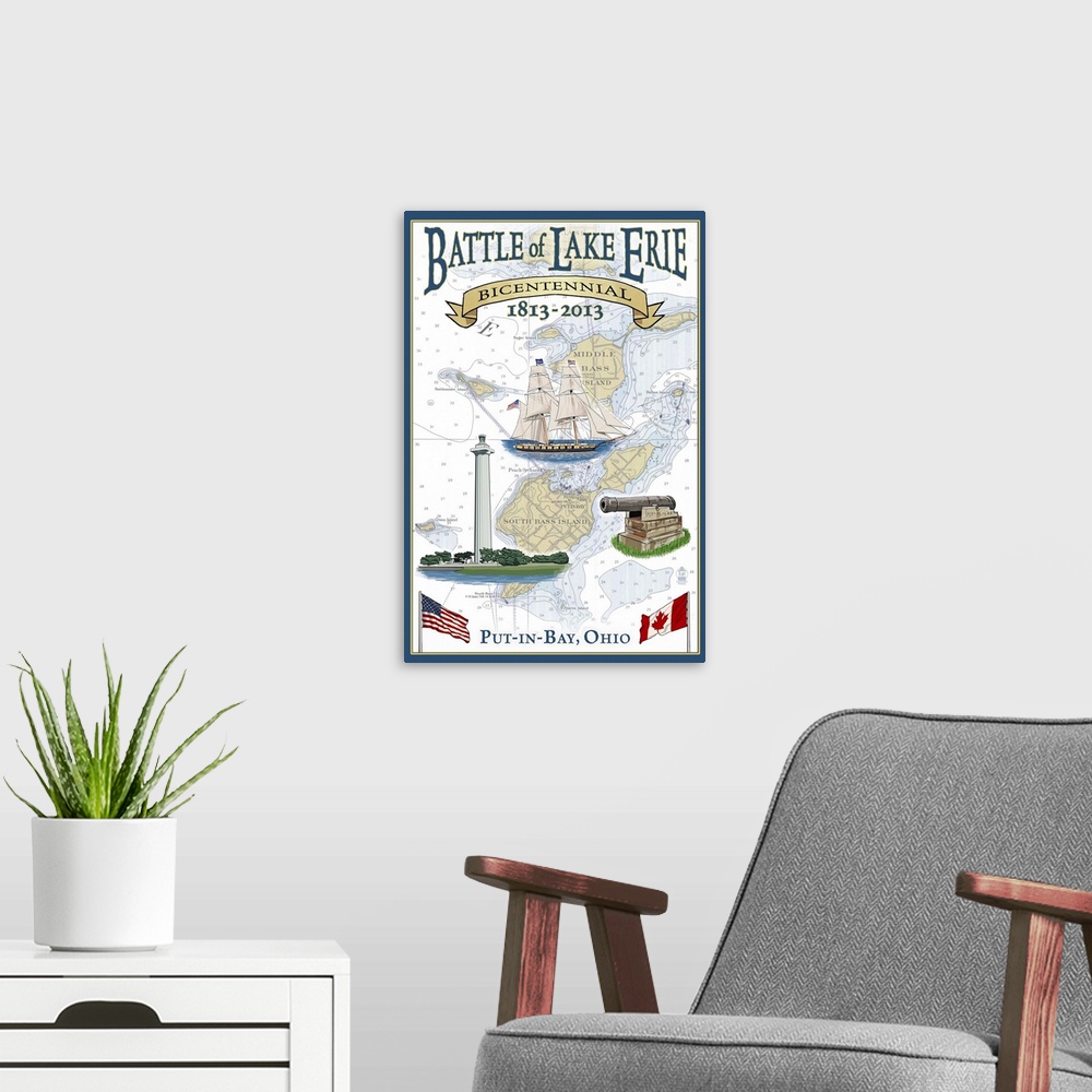 A modern room featuring Put-In-Lake, Ohio - Battle of Lake Erie Nautical Chart: Retro Travel Poster