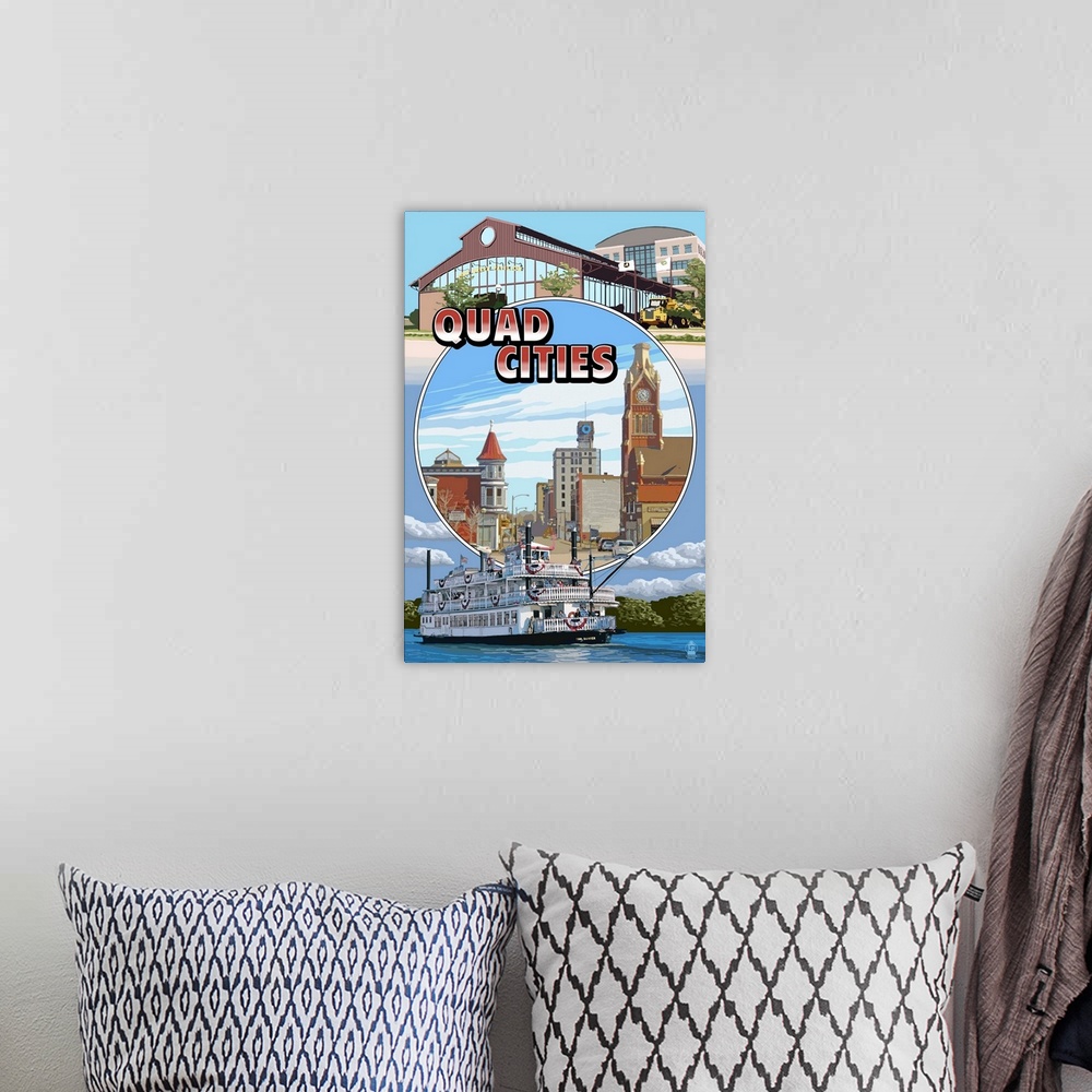 A bohemian room featuring Quad Cities - Montage Scenes: Retro Travel Poster