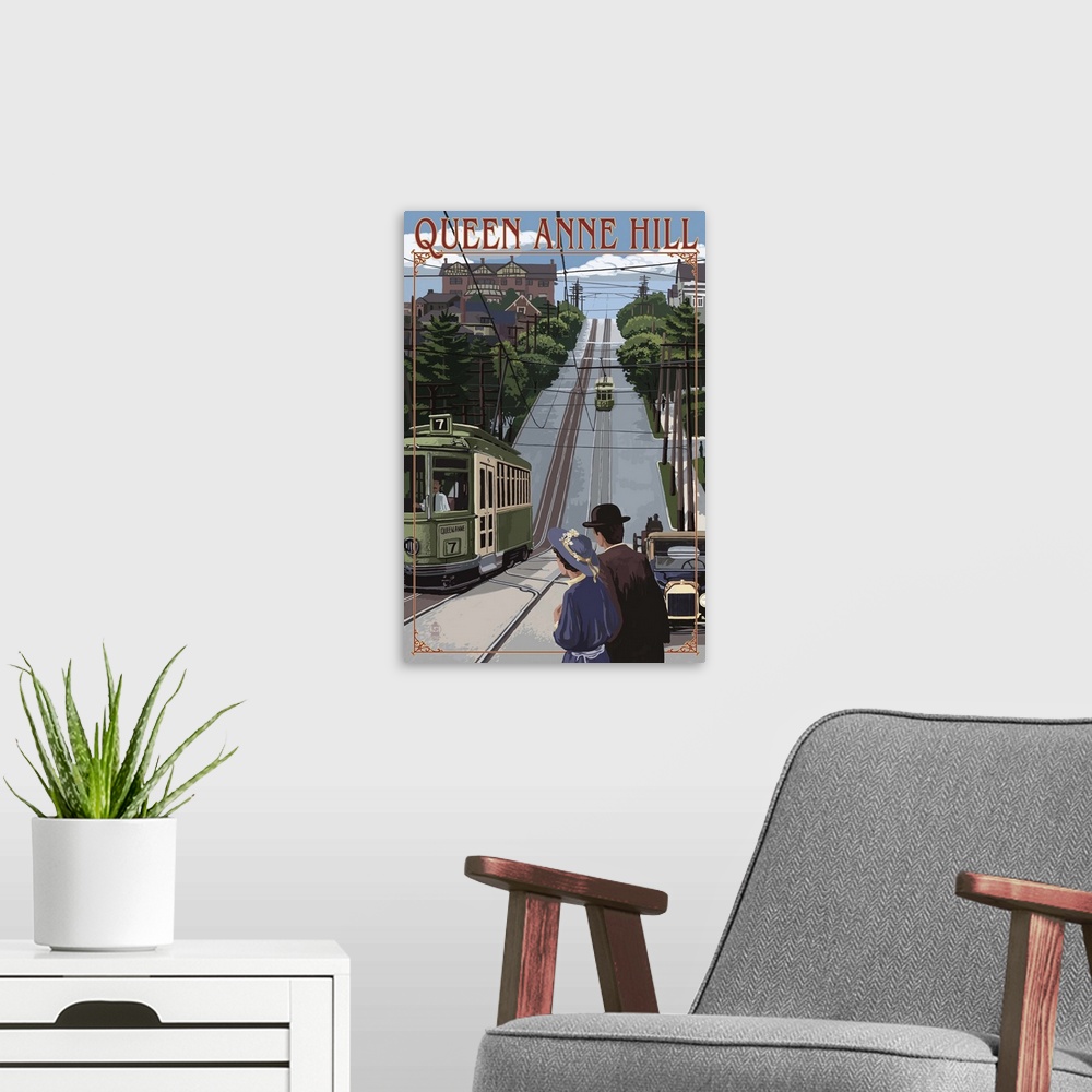 A modern room featuring Queen Anne Hill Counterbalance - Seattle, Washington: Retro Travel Poster