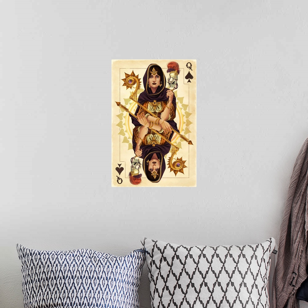 A bohemian room featuring Queen of Spades - Playing Card: Retro Art Poster