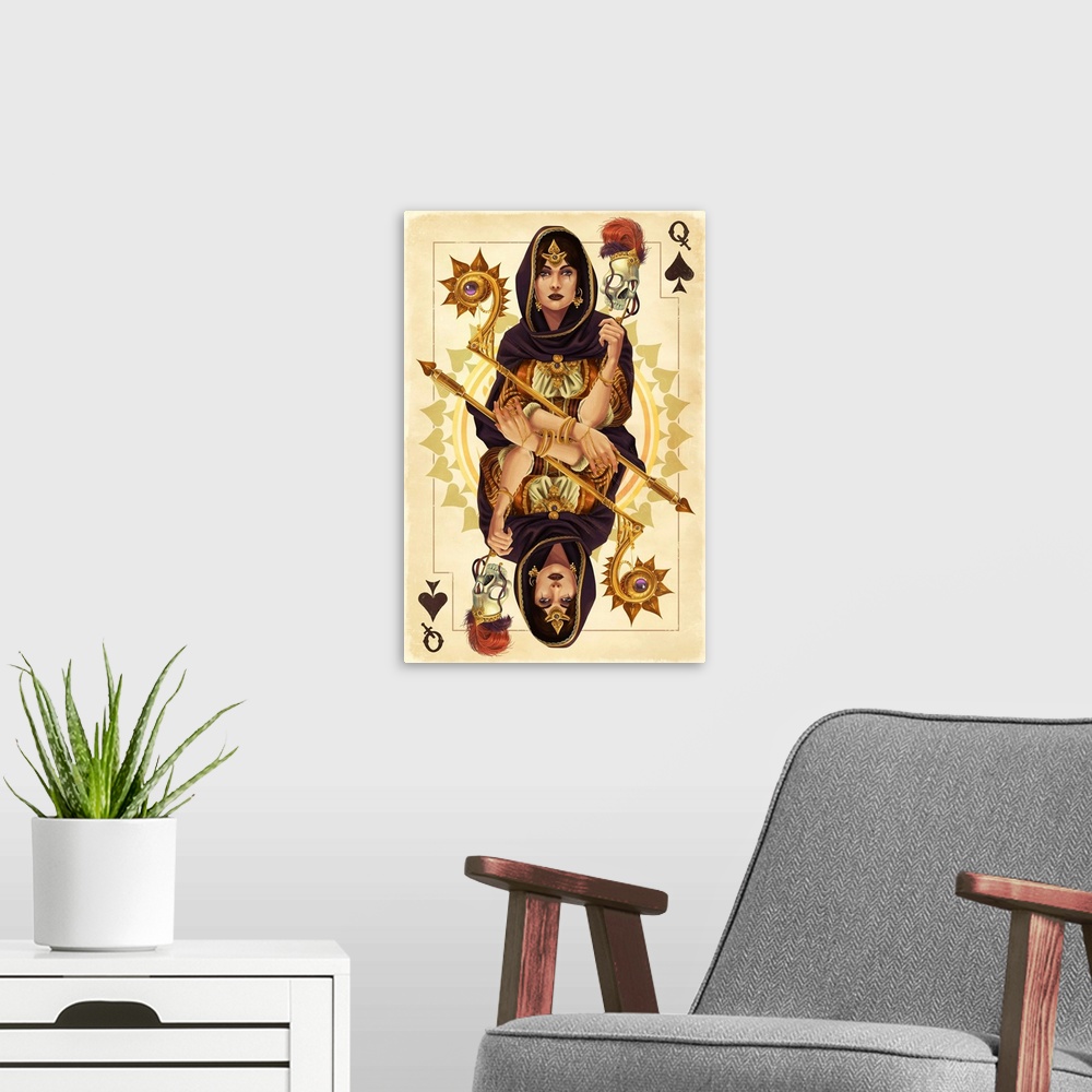 A modern room featuring Queen of Spades - Playing Card: Retro Art Poster