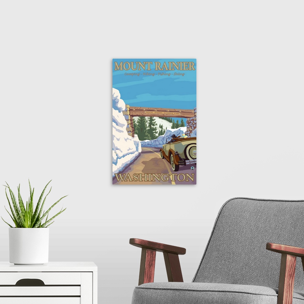 A modern room featuring Rainier National Park Entrance: Retro Travel Poster