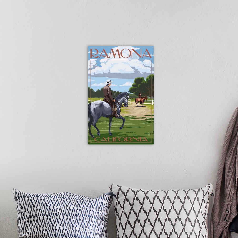 A bohemian room featuring Retro stylized art poster of a man on a horse at a thoroughbred horse farm.