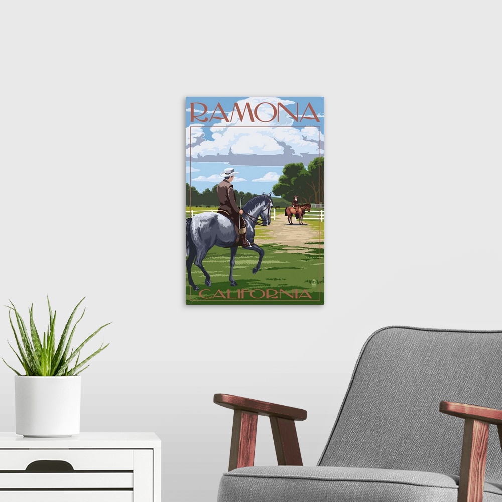 A modern room featuring Retro stylized art poster of a man on a horse at a thoroughbred horse farm.