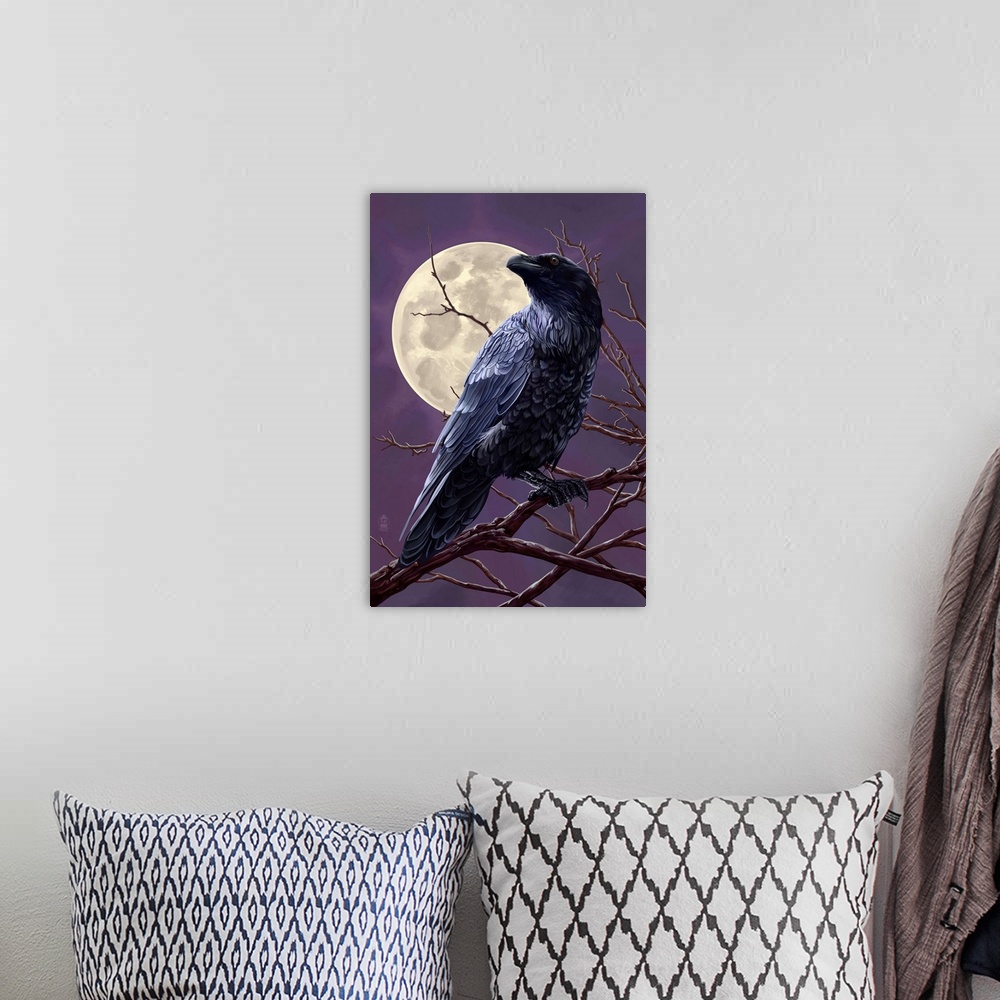 A bohemian room featuring Raven and Moon Purple Sky: Retro Poster Art