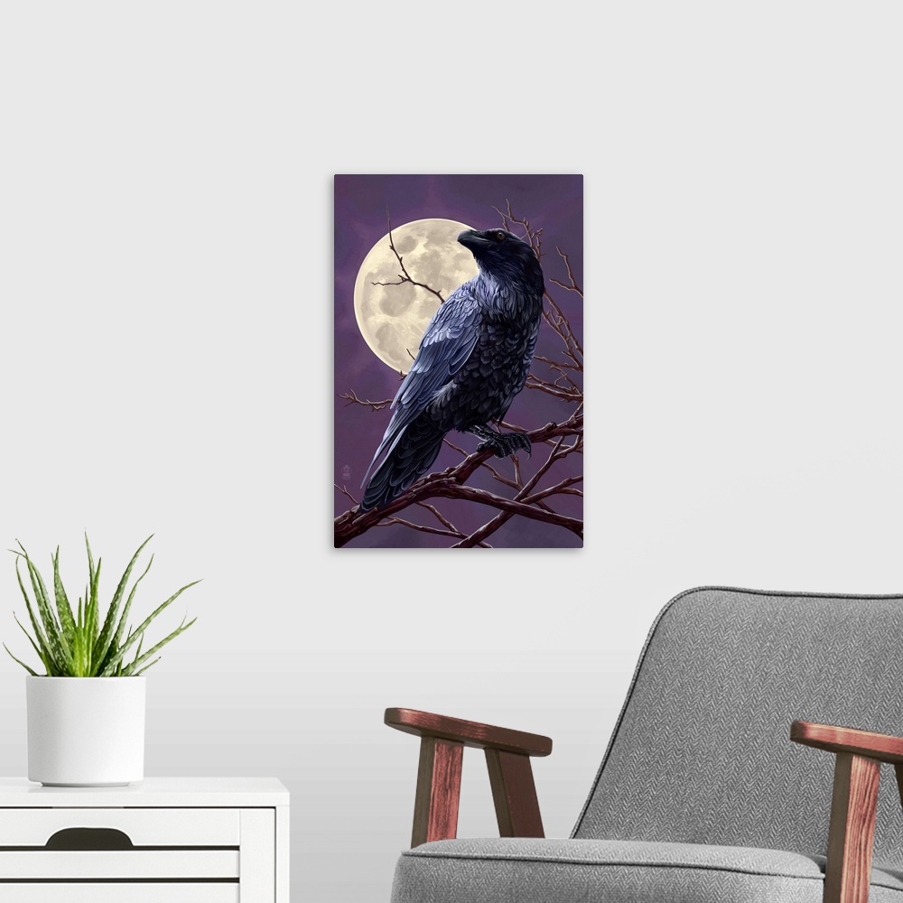 A modern room featuring Raven and Moon Purple Sky: Retro Poster Art