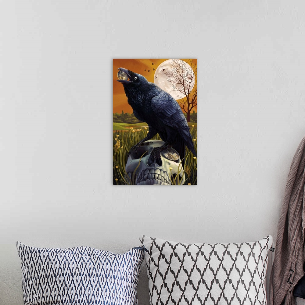 A bohemian room featuring Raven and Skull: Retro Travel Poster