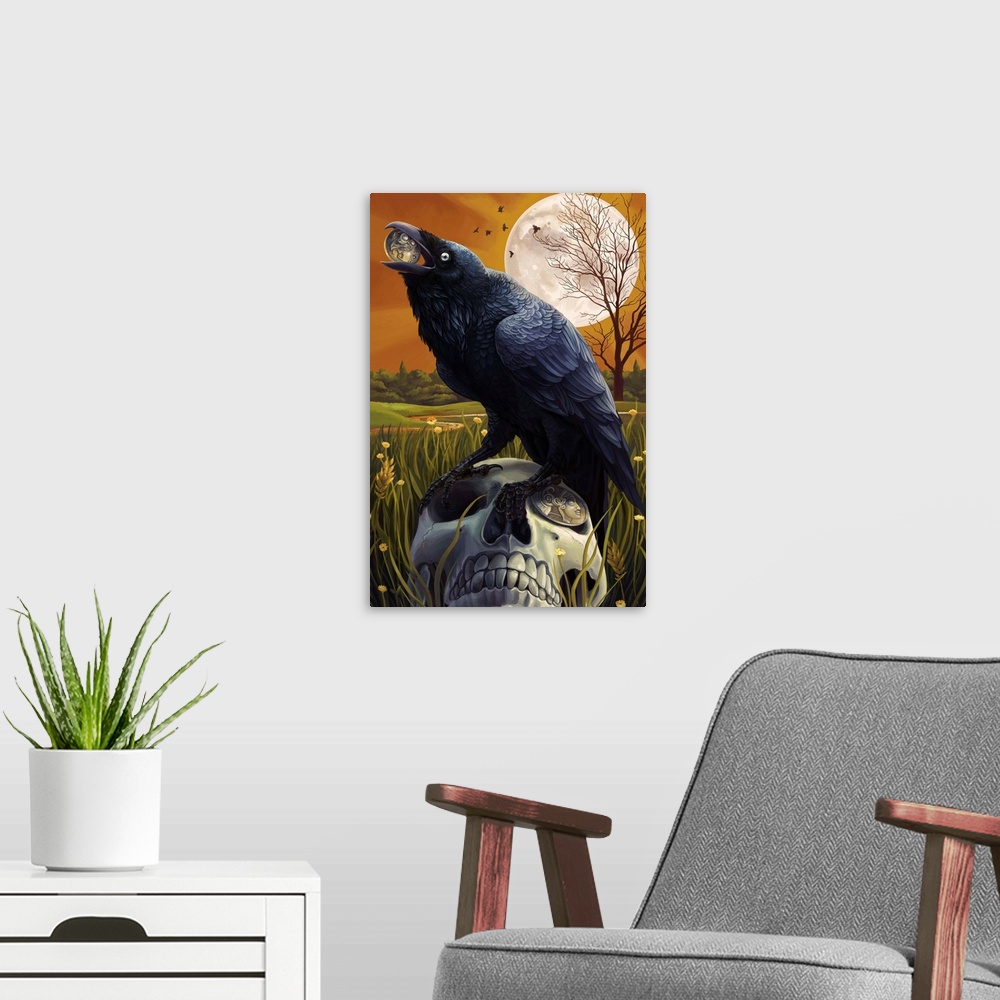 A modern room featuring Raven and Skull: Retro Travel Poster