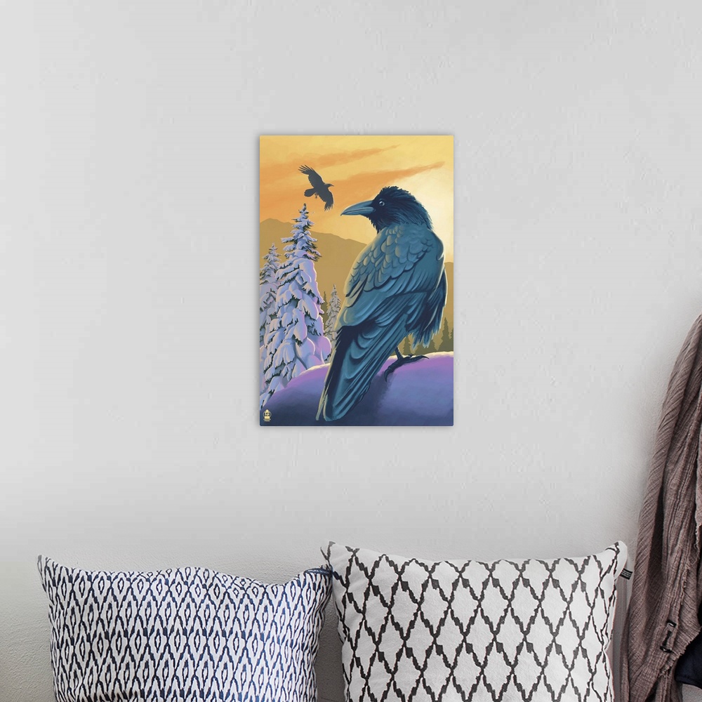 A bohemian room featuring Retro stylized art poster of a perched raven in the foreground and a flying raven in the background.
