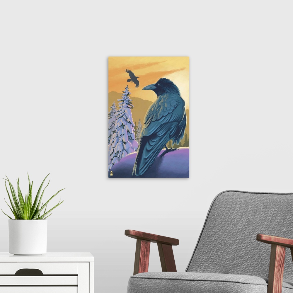 A modern room featuring Retro stylized art poster of a perched raven in the foreground and a flying raven in the background.