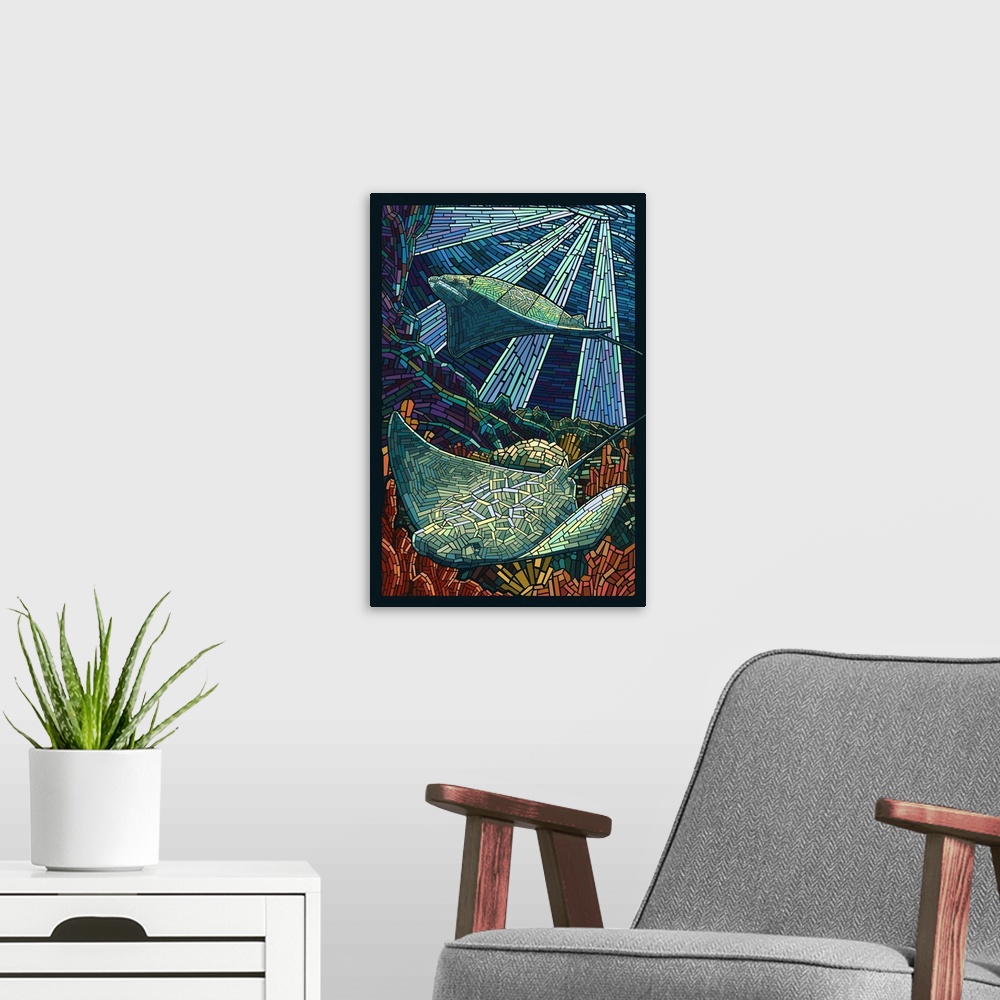 A modern room featuring Rays - Paper Mosaic: Retro Poster Art