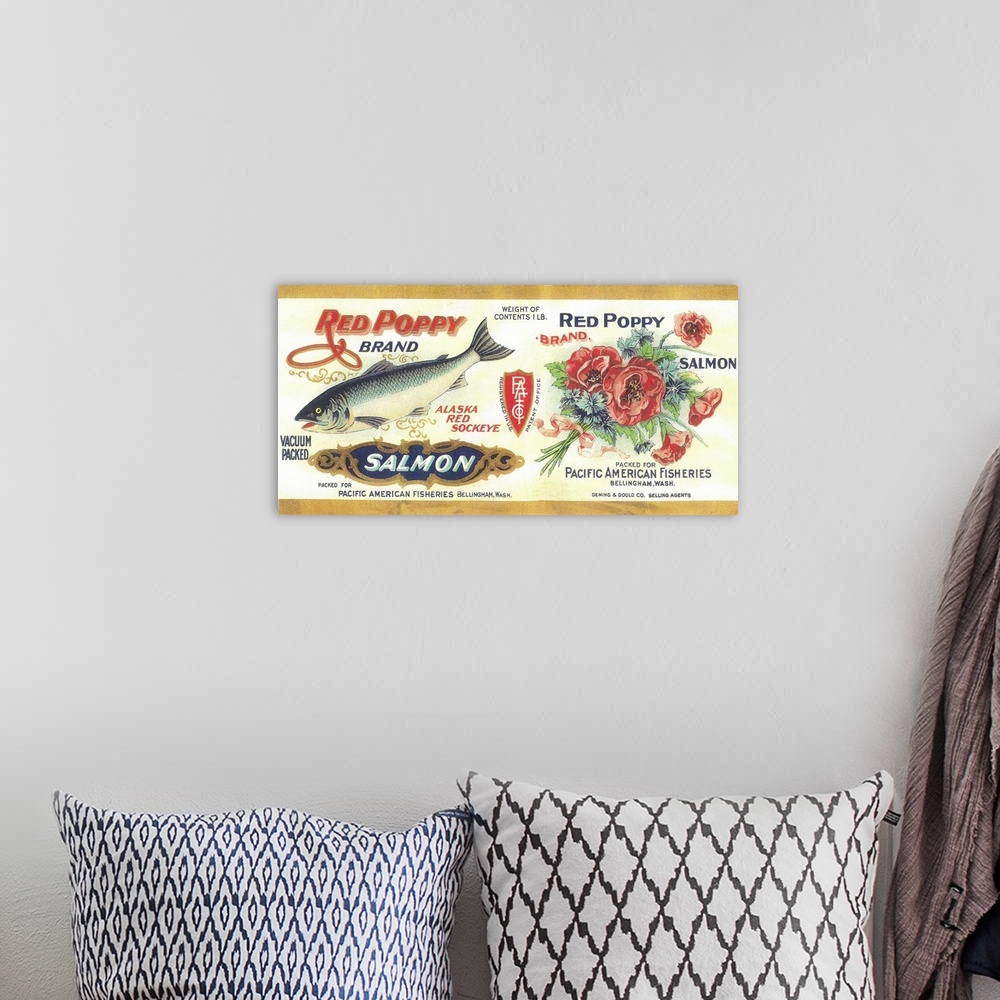 A bohemian room featuring A vintage label from a can of salmon.