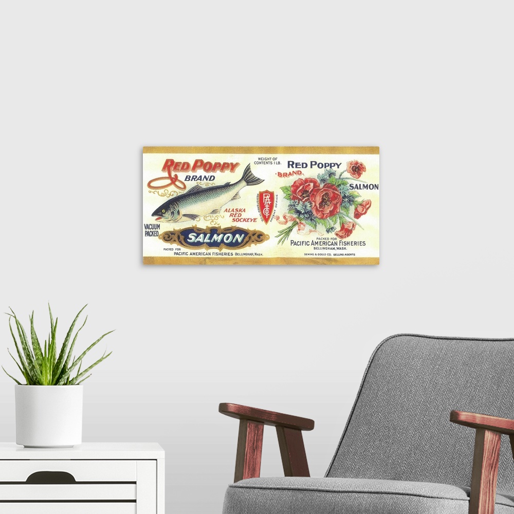 A modern room featuring A vintage label from a can of salmon.