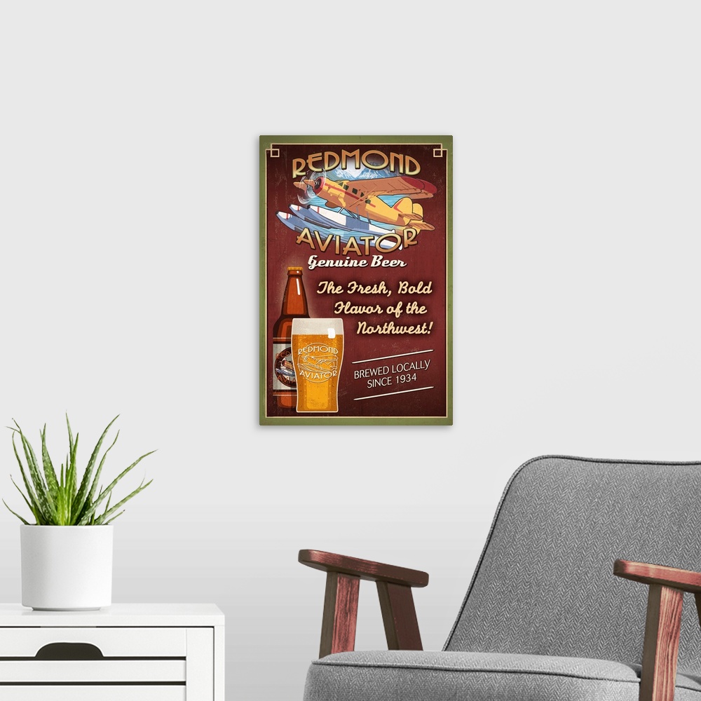 A modern room featuring Redmond, Washington - Aviator Beer: Retro Travel Poster