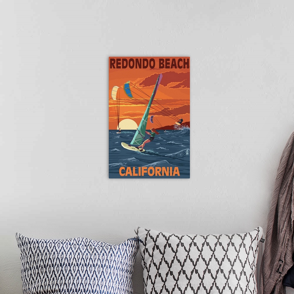 A bohemian room featuring Redondo Beach, California - Wind Surfing: Retro Travel Poster